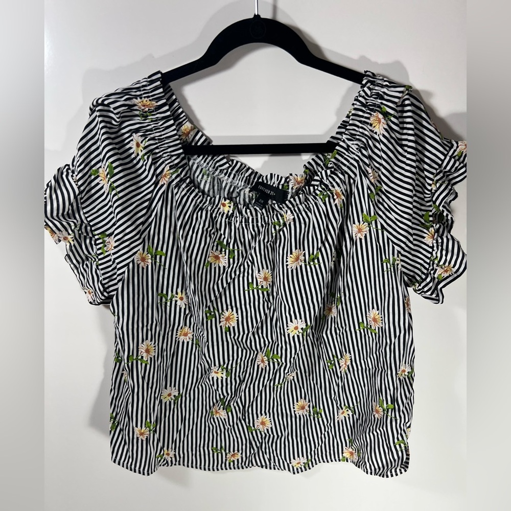 Forever 21 Plus Black and White Striped Floral Blouse 2X